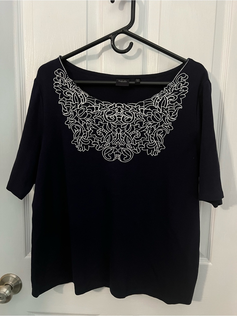 Rafaella Navy Blue Short Sleeve Top with White Embroidered Yoke
